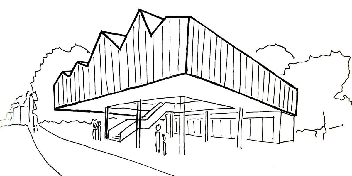 Eine Strichzeichnung des Entwurfs mit markantem Sägezahndach. Unter dem Dach befinden sich Glaswände und eine Treppe, umgeben von einigen stilisierten Personen.