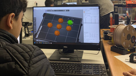 A boy sits in front of a computer and operates a mouse while the screen shows a graphic of trees.