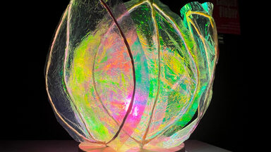 A flower-shaped lamp shines, surrounded by darkness.
