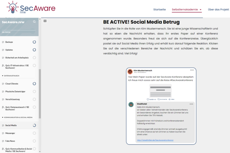 Ein Screenshot der Seite "SecAware.nrw". Hier wird erklärt, wie Social Media Betrug funktioniert.