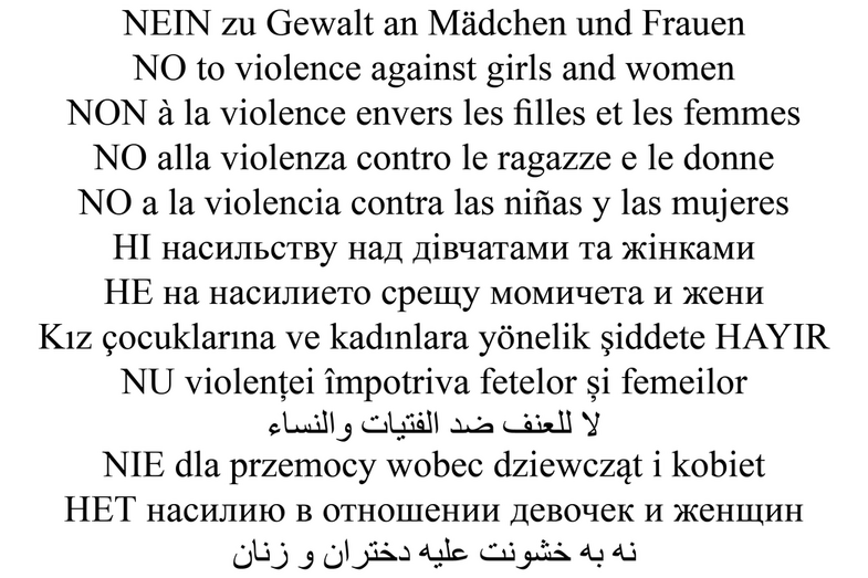 Der Satz "Nein zu Gewalt an Mädchen und Frauen" ist nicht nur auf Deutsch, sondern in weiteren zwölf Sprachen zu lesen.