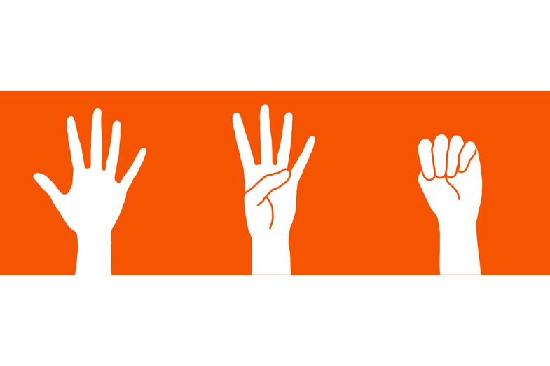 The illustration shows a hand with outstretched fingers, a hand with a bent thumb and a hand with a clasped thumb.