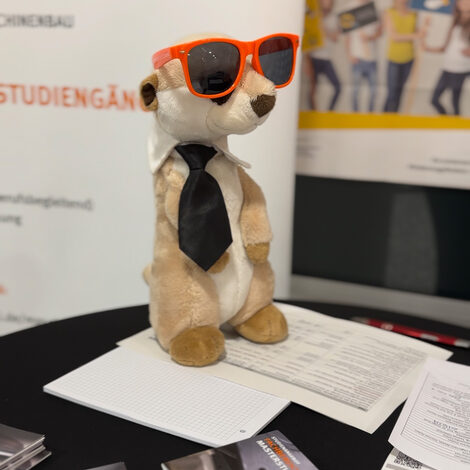 A meerkat stands as a stuffed animal on a table with information material, wearing sunglasses and a tie.