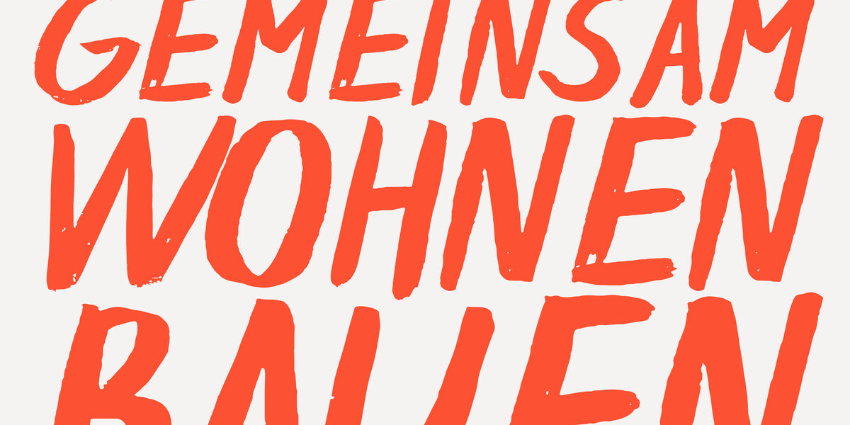 Handwritten typography of the title "Gemeinsam Wohnen Bauen" in red on a light gray background.
