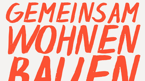 Handwritten typography of the title "Gemeinsam Wohnen Bauen" in red on a light gray background.
