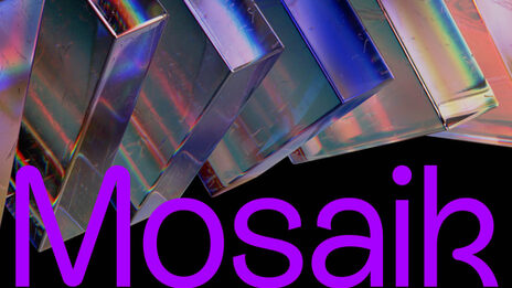 Grafik mit Titel der Vortragsreihe "Mosaik" in lila farbebner Schrift auf schwarzem Hintergrund