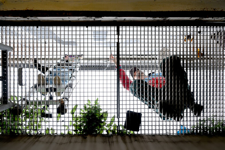 Zwei Personen bemalen eine Hauswand, von unten durch ein Gitter gesehen.