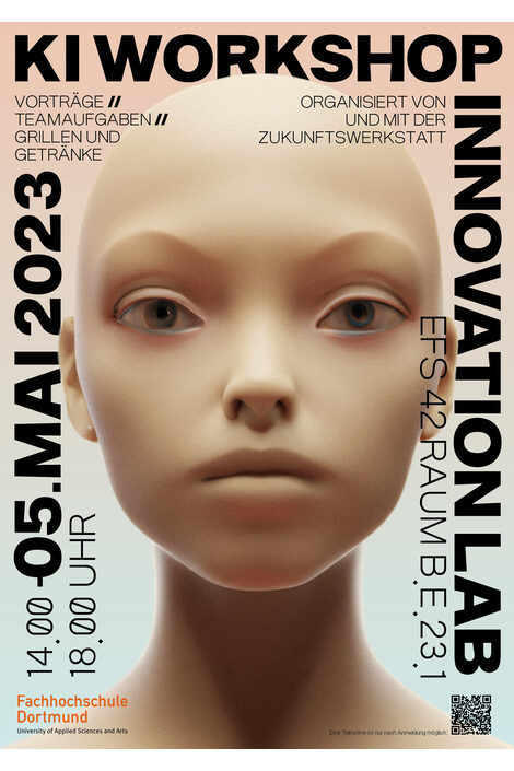 Das Plakat zeigt ein puppenartiges Gesicht mit Hinweisen zum Workshop über Künstliche Intelligenz.