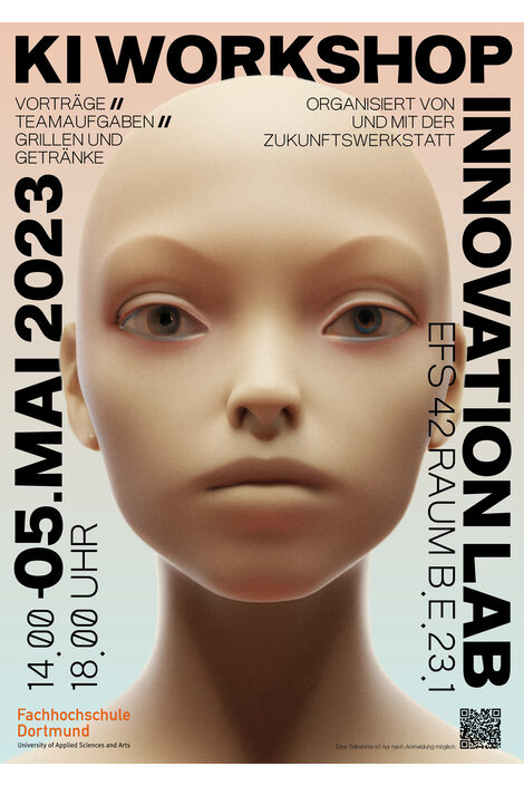 The poster shows a doll-like face with information about the workshop on artificial intelligence.