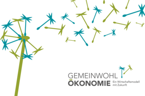 Logo Gemeinwohl-Ökonomie, Pusteblume mit dem Slogan „Gemeinwohl-Ökonomie – Ein Wirtschaftsmodell mit Zukunft“