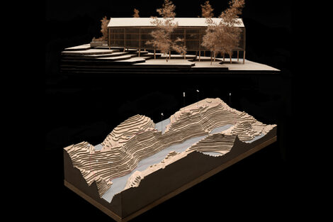 Illustration of two architectural models, above is the design model, below is the environment model with topography.