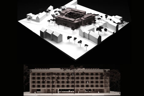 Abbildung mit zwei Architekturmodellen, oberhalb ist das Umgebungsmodell zu sehen, unterhalb ist das Entwurfsmodell frontal abgebildet.