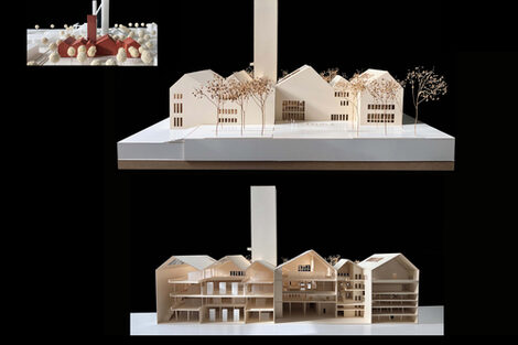 Architekturmodell, welches in der Mitte auseinander gezogen ist, sodass man einen Blick in die innere Gebäudestruktur, sowie den überdachten Innenhof erhält.