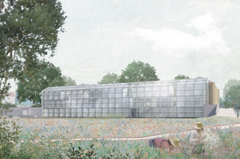 Architectural visualization showing the glazed new building, with the old Altenburg coach house in the background. The foreground shows a flower meadow where two people are picking flowers.
