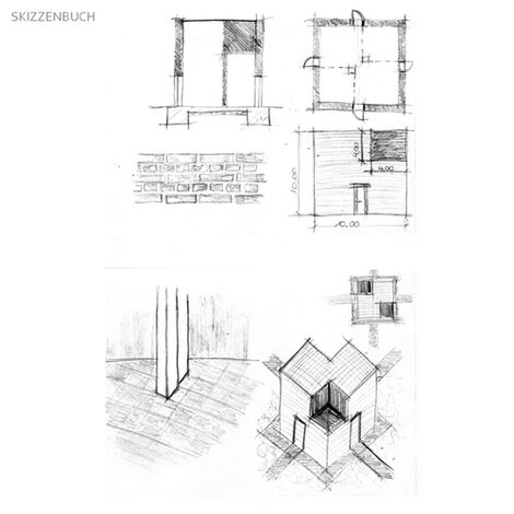 Skizzen von einer Mauer, Querschnitt, sowie die Draufsicht eines Gebäudes