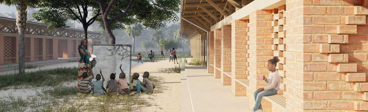 Architectural visualization of the inner courtyard of the school building, which includes a group of trees under which a teacher is sitting with a group of pupils.
