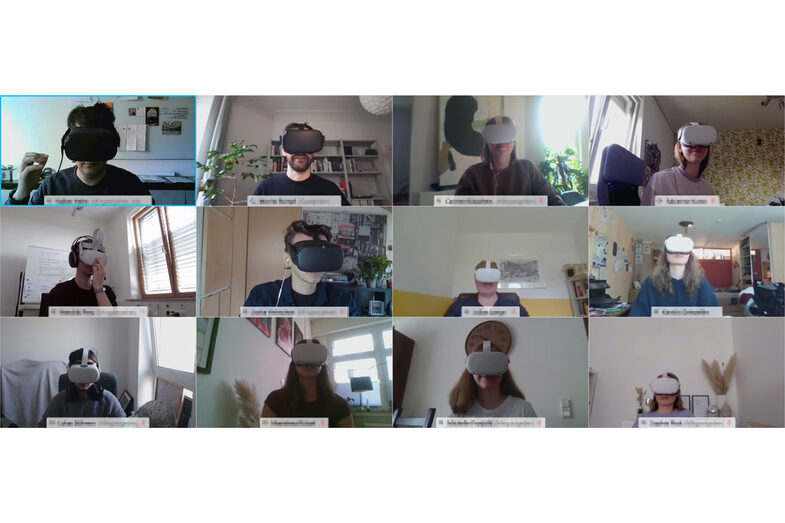 Screenshot of a video conference with the participants of the course. Everyone is wearing a VR headset.