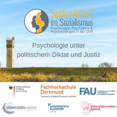 Cover of the podcast on the research project "Seelenarbeit im Sozialismus" - image of watchtower on the former border to the GDR and logos of the project participants