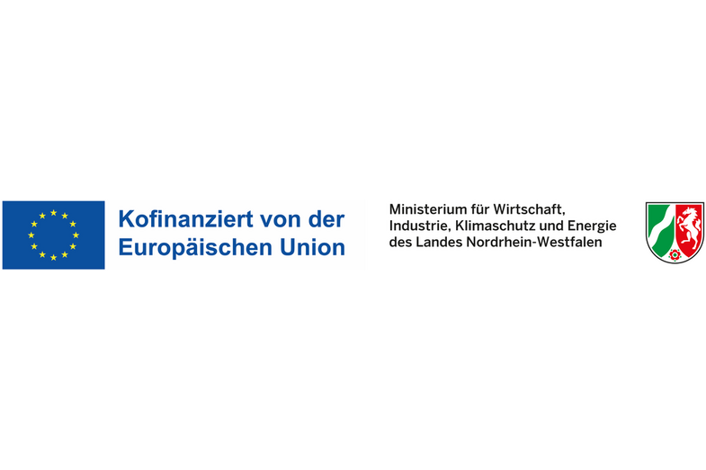 Förderlogo des Ministeriums für Wirtschaft, Industrie, Klimaschutz und Energie des Landes Nordrhein-Westfalens mit Hinweis auf die Kofinanzierung durch die Europäische Union. Links die Flagge der EU und rechts das Wappen NRWs.