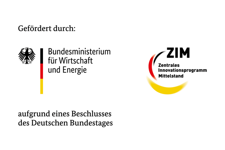 Funding logos with the text "Funded by:". Below it on the left is the logo of the Federal Ministry for Business Studies and Energy. On the right the logo ZIM - Central Innovation Program for SMEs. The third line reads: based on a resolution of the German Bundestag