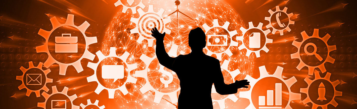 Illustration of a man in front of cogwheels with icons of various topics and a globe with network lines to symbolize the networking and amount of different research data.