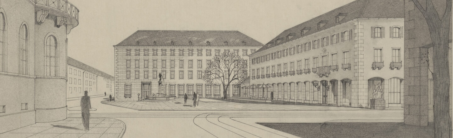 Perspektivische Zeichnung des Luisenplatzes in Darmstadt mit dem Entwurf für die Reichsbankerweiterung und das Hotel Aachener Ho