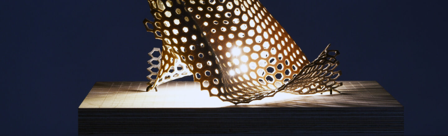 Nachtaufnahme einer erleuchtenden, skulpturalen Leuchte auf einem Holzsockel mit generativ gefertigten Elementen