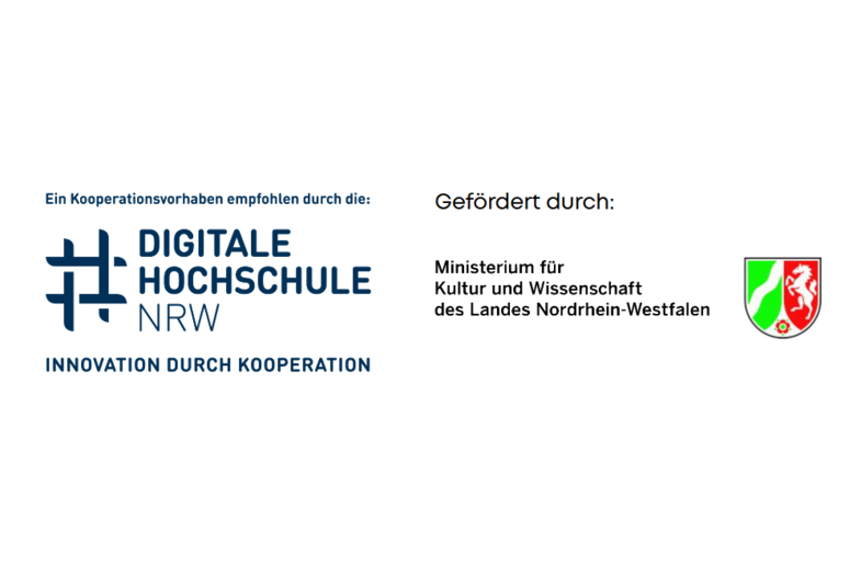 Image consisting of two logos. On the left is the logo of the Digital University NRW. Under the title "A cooperation project of the " is a blue hashtag on a white background, to the right of which is the name Digitale Hochschule NRW. To the right is the text "Supported by the Ministry of Culture and Science of the State of North Rhine-Westphalia" and the logo of the State of NRW.