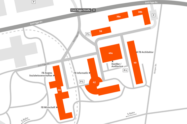 Die schematische Darstellung zeigt die Anordnung der Gebäude auf dem Campus und die Zufahrtsstraßen.