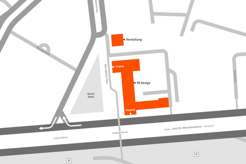 Die schematische Darstellung zeigt die Anordnung der Gebäude auf dem Campus und die Zufahrtsstraßen.