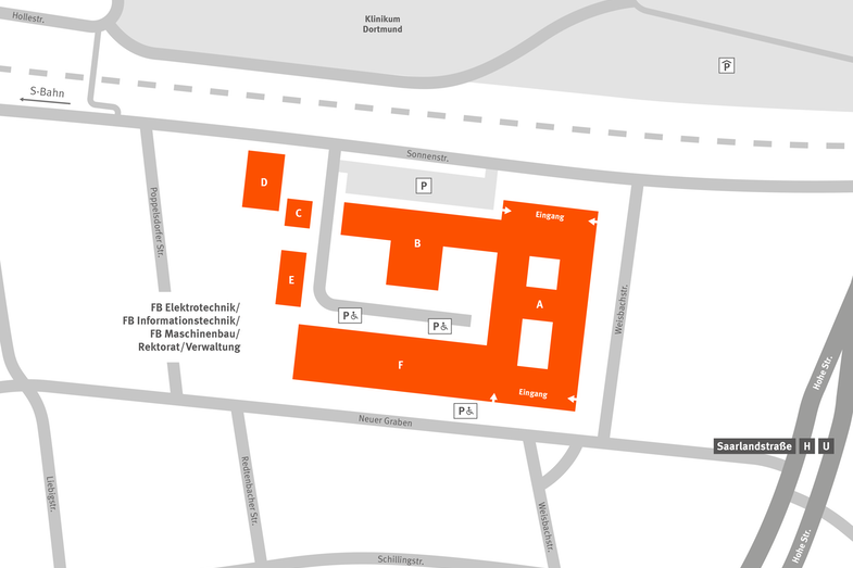 Die schematische Darstellung zeigt die Anordnung der Gebäude auf dem Campus und die Zufahrtsstraßen.