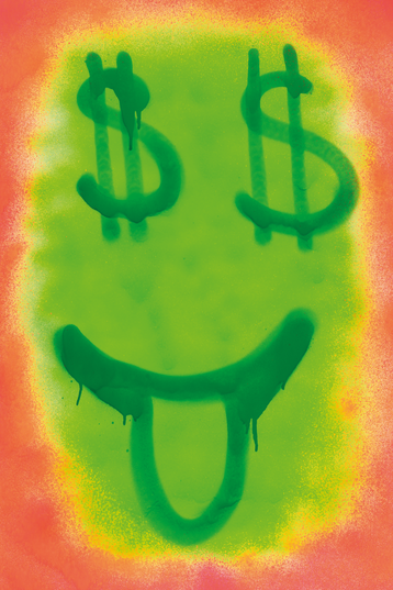 A green smiley face with dollar sign eyes and tongue sticking out against a yellow-orange background.