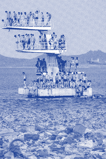Many people in swimwear stand on the three levels of a swimming pool diving tower.