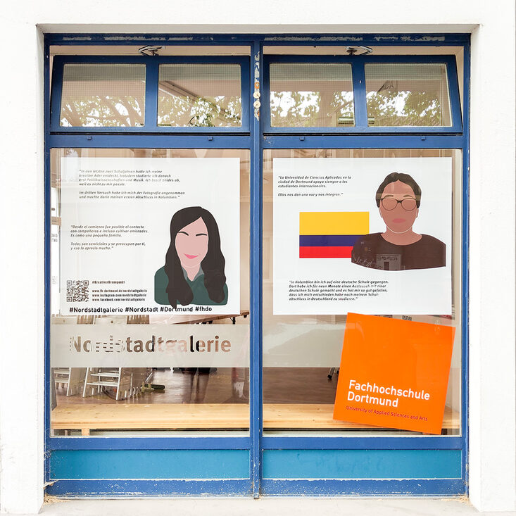 Fenster der Nordstadtgalerie mit illustrierten Studierenden-Porträts und Zitaten