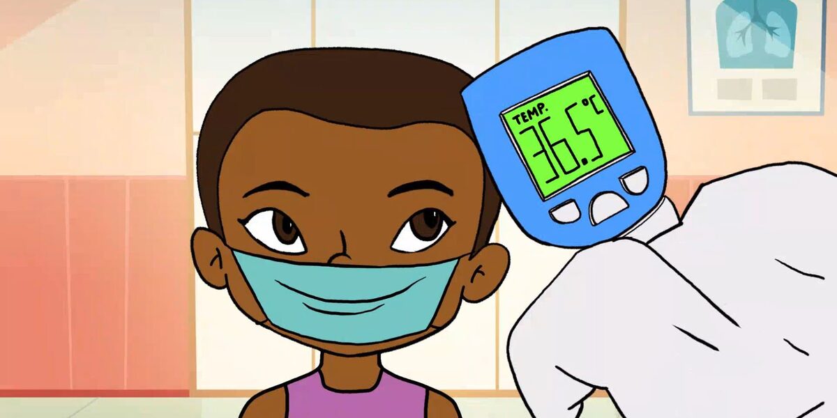 The scene from the animated film shows a child whose temperature is being measured.