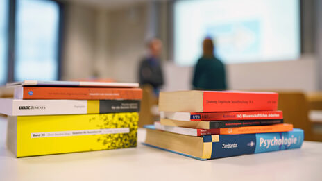 Foto von zwei Bücherstapeln, die nebeneinander auf einem Tisch liegen. Im Hintergrund sehr verschwommen zwei Personen vor einer Beamerleinwand.