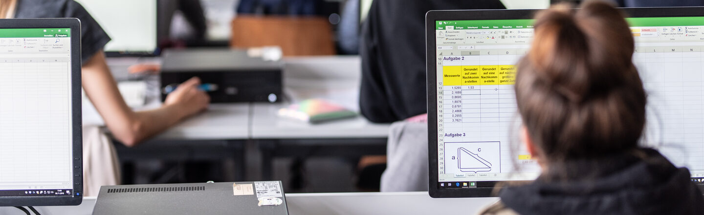 Blick von hinten in den Computerraum mit Studierenden, auf den Monitoren sind zum Teil Excel-Tabellen erkennbar.