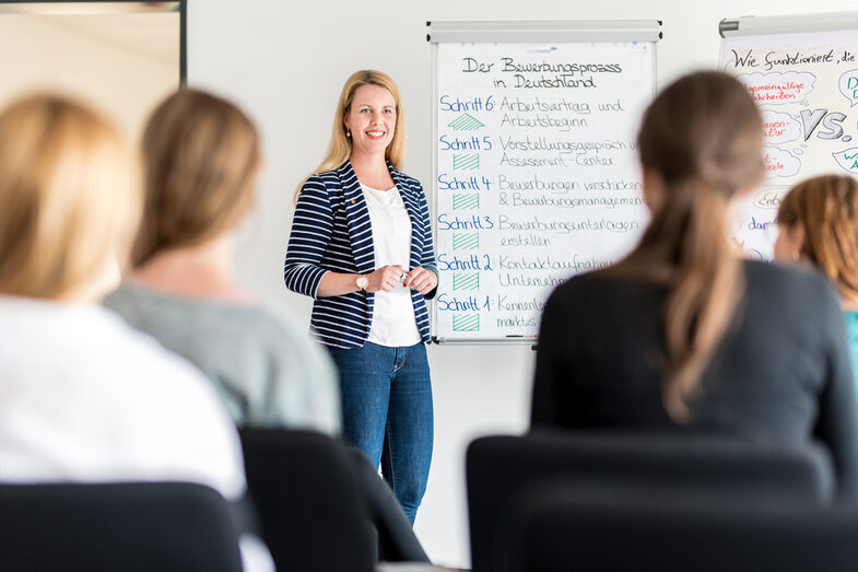 Foto einer Mitarbeiterin aus dem Career Service, die vor einem Flipchart steht, auf dem der Bewerbungsprozess in Deutschland skizziert ist. Vor ihr sitzen mehrere Studierende, die ihr zuhören.