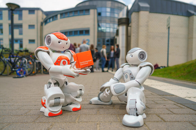 Foto von zwei NAO-Roboter vor dem Gebäude der Informatik. Der orangene NAO Eva hat einen FH-Würfel in der Hand. __ NAO robots are in front of the IT building. The orange NAO Eva is holding a FH cube.
