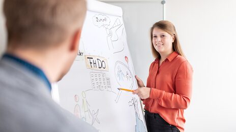 Foto einer jungen Frau, die am Flipchart steht, darauf mehrere Illustration. Die Frau zeigt mit dem Kugelschreiber auf eine Stelle der Illustration und guckt dabei den Mann an, der links von hinten zu sehen ist.__Young woman is standing at a flipchart, on it an illustration with a drawn building with a sign on it that says "FHDO", around it are illustrated people. The woman points with a pen at a point in the illustration and looks at the man who can be seen from behind on the left.