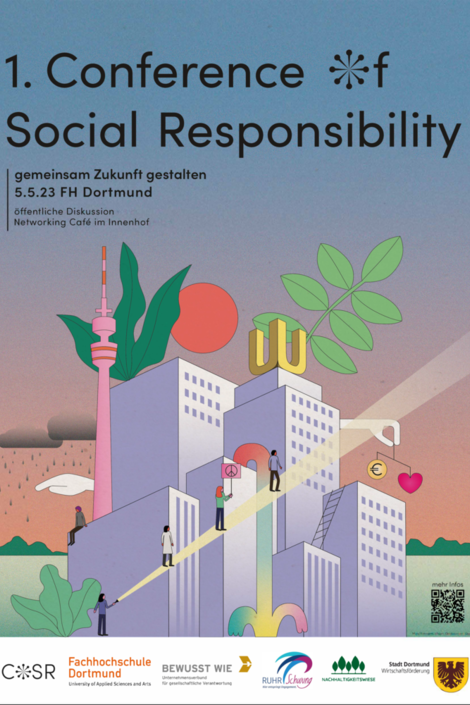 Ein Plakat zur Konferenz zeigt eine Illustration der Dortmunder Skyline mit Nachhaltigkeitssymbolen.