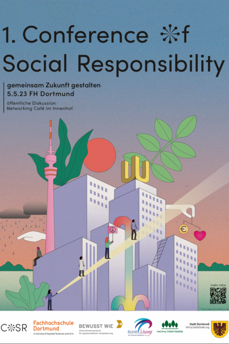 A poster for the conference shows an illustration of the Dortmund skyline with sustainability symbols.