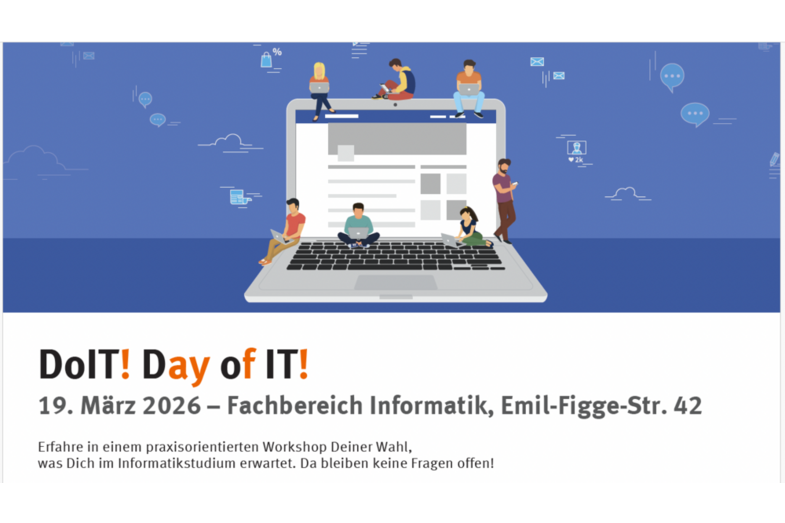 An excerpt from the current DoIT poster. An oversized laptop with people moving around on a blue background with technical symbols.