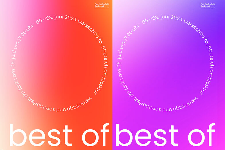 Grafik von zwei nebeneinanderliegenden Plakaten mit rotem und magenta farbenem Hintergrund und dem Titel der Ausstellung "Best of".