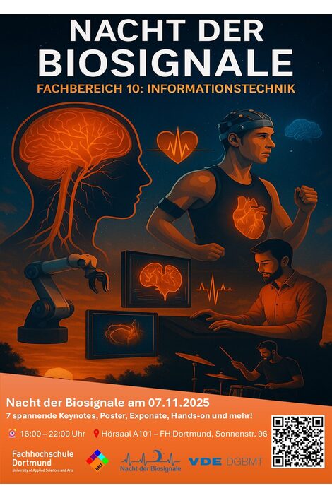 The poster shows an orange and black illustration with the title 'NIGHT OF BIOSIGNALS' and the subtitle 'Faculty of Information Technology'. In the foreground, a person in sportswear with a glowing heart on their chest can be seen performing a running movement. Next to him is another person sitting at a table with a laptop, on whose screen a brain is depicted. A robotic arm is shown on the left. A stylized brain profile and a heart with a heartbeat line can be seen in the background. At the bottom is the event date 'Night of Biosignals on 07.11.2025' with further information on time, location and program. A QR code can be found at the bottom right. Logos of Fachhochschule Dortmund, Night of Biosignals, VDE and DGBMT are located at the bottom.