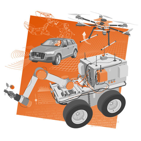 Key visual of the Robotics-AG: Illustration of a mobile robot with gripper arm, a drone and a car. Backed on an orange-colored tilted square and semi-transparent line graphics with code, diagrams and a layer grid.