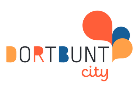 "Dortbunt city" lettering with three colored speech bubbles