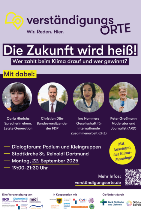 Poster for the event with photos of the people on the podium