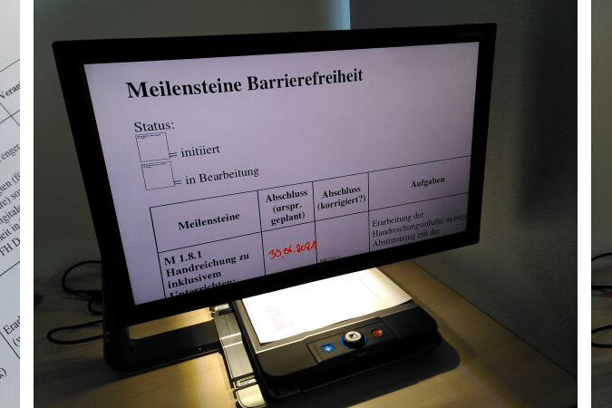 Drei Fotos nacheinander augereiht: Bild 1 Ein Blatt mit Text in einer Tabelle. Bild 2 Ein Monitor mit einem Bildlesegerät darunter, auf das das Blatt gelegt wurde, auf dem Monitor sieht man Inhalte des Blattes. Bild 3 der selbe Aufbau wie Bild 2, nur das auf dem Monitor näher dran gezoomt ist und groß das Wort "Status" steht.