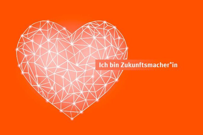 A white networked heart can be seen on an orange background. The sentence: "I am a Future Maker" is written in white from the heart.